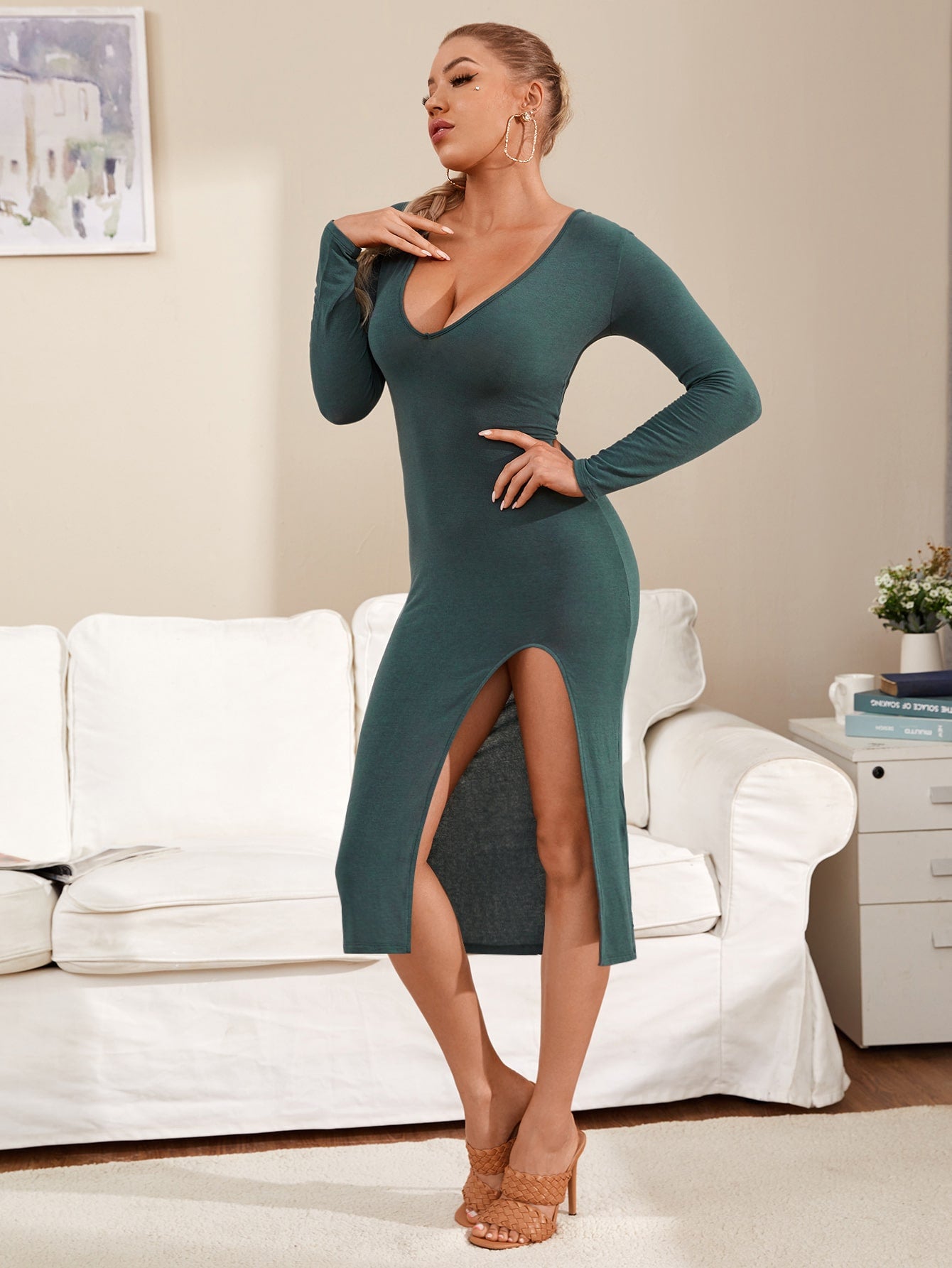 Plunging Neck Split Thigh Solid Dress