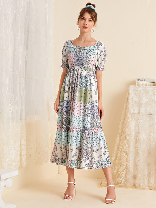 Ditsy Floral Patchwork Shirred Dress