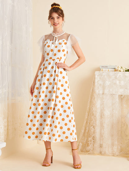 Polka Dot Print Mesh Sleeve Dress