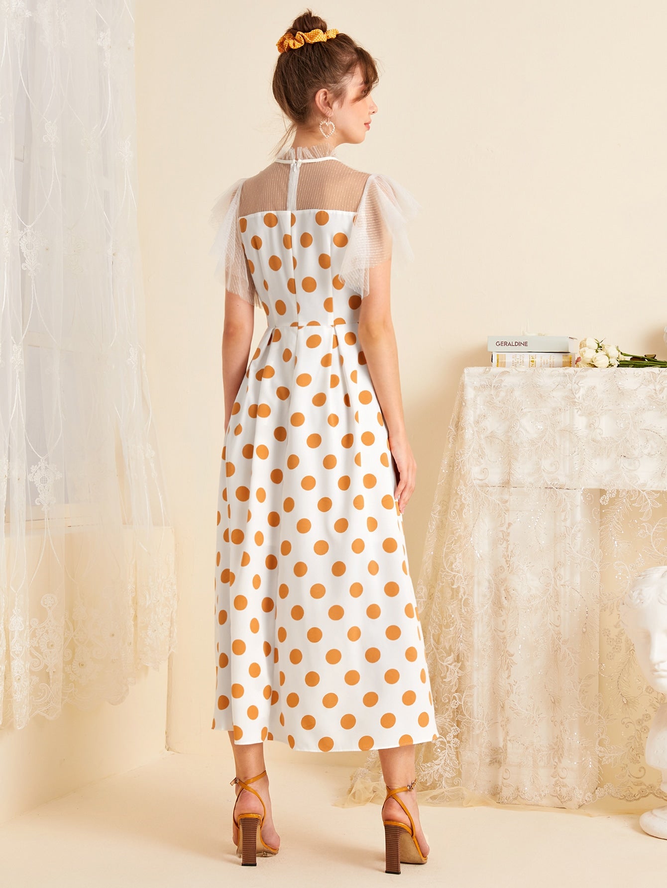 Polka Dot Print Mesh Sleeve Dress