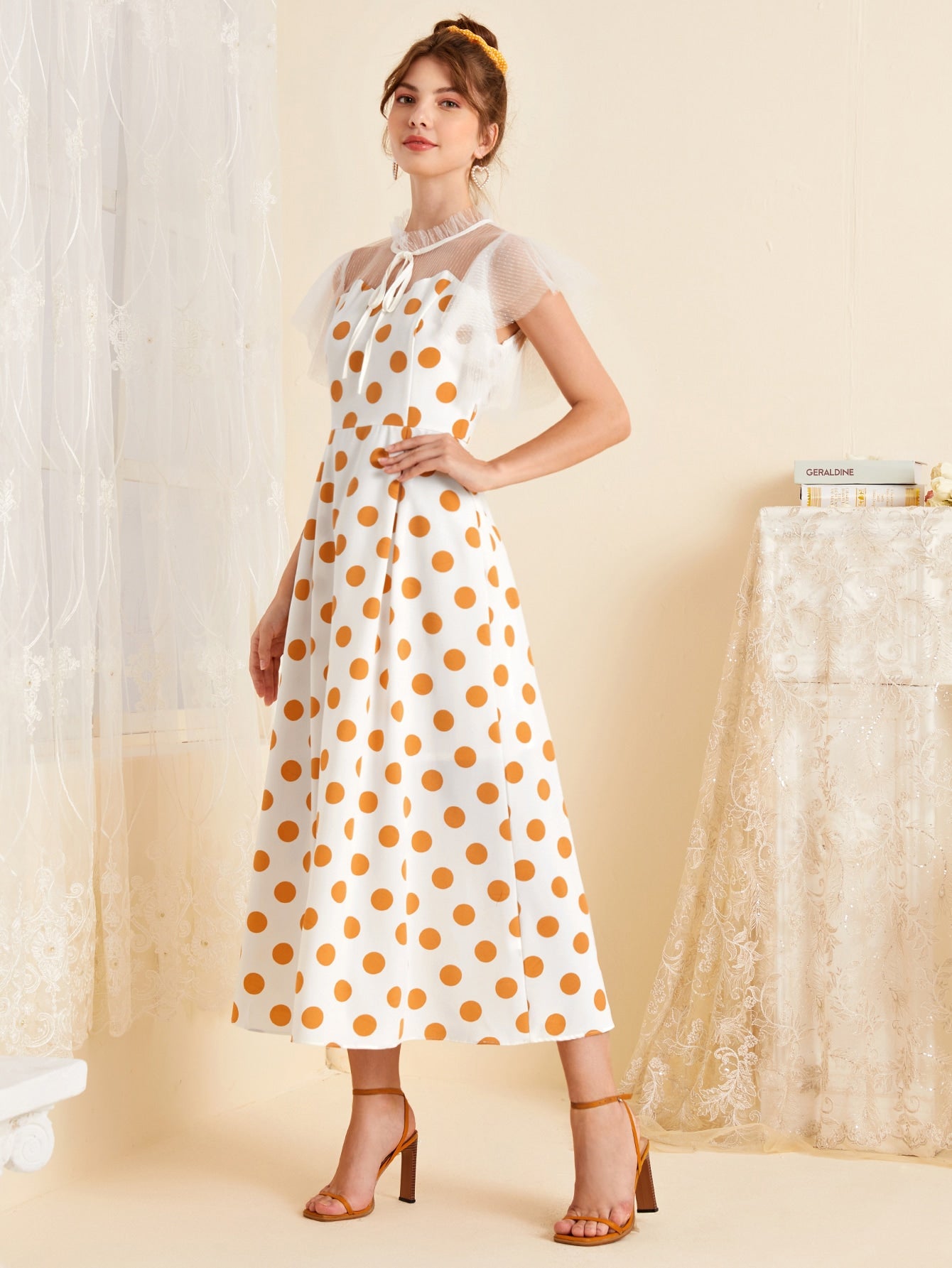 Polka Dot Print Mesh Sleeve Dress