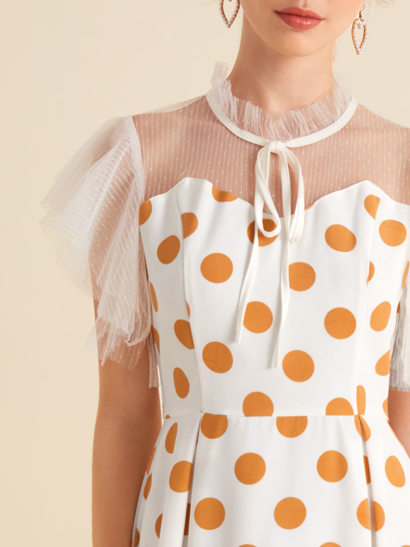 Polka Dot Print Mesh Sleeve Dress