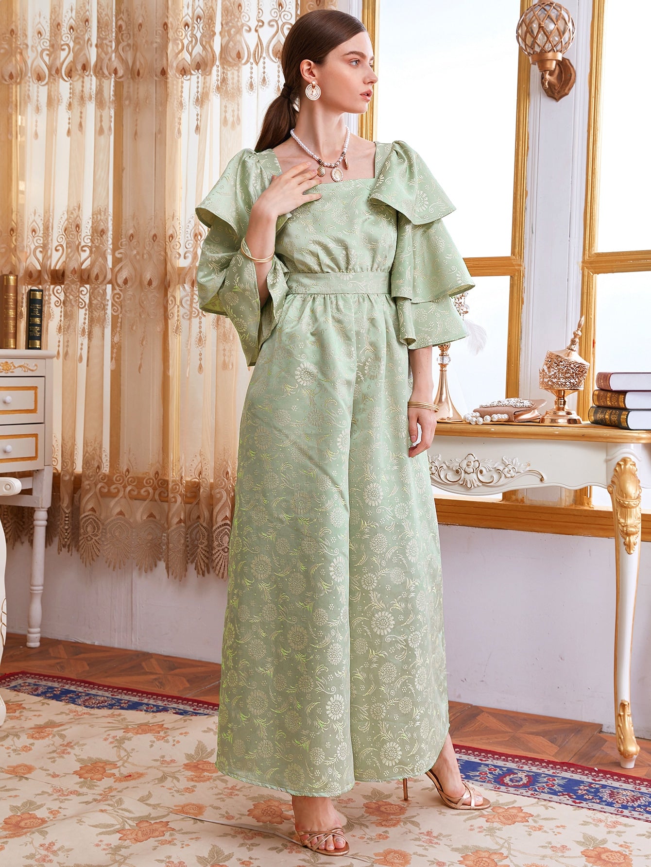 Layered Bell Sleeve Floral Jacquard Palazzo Jumpsuit