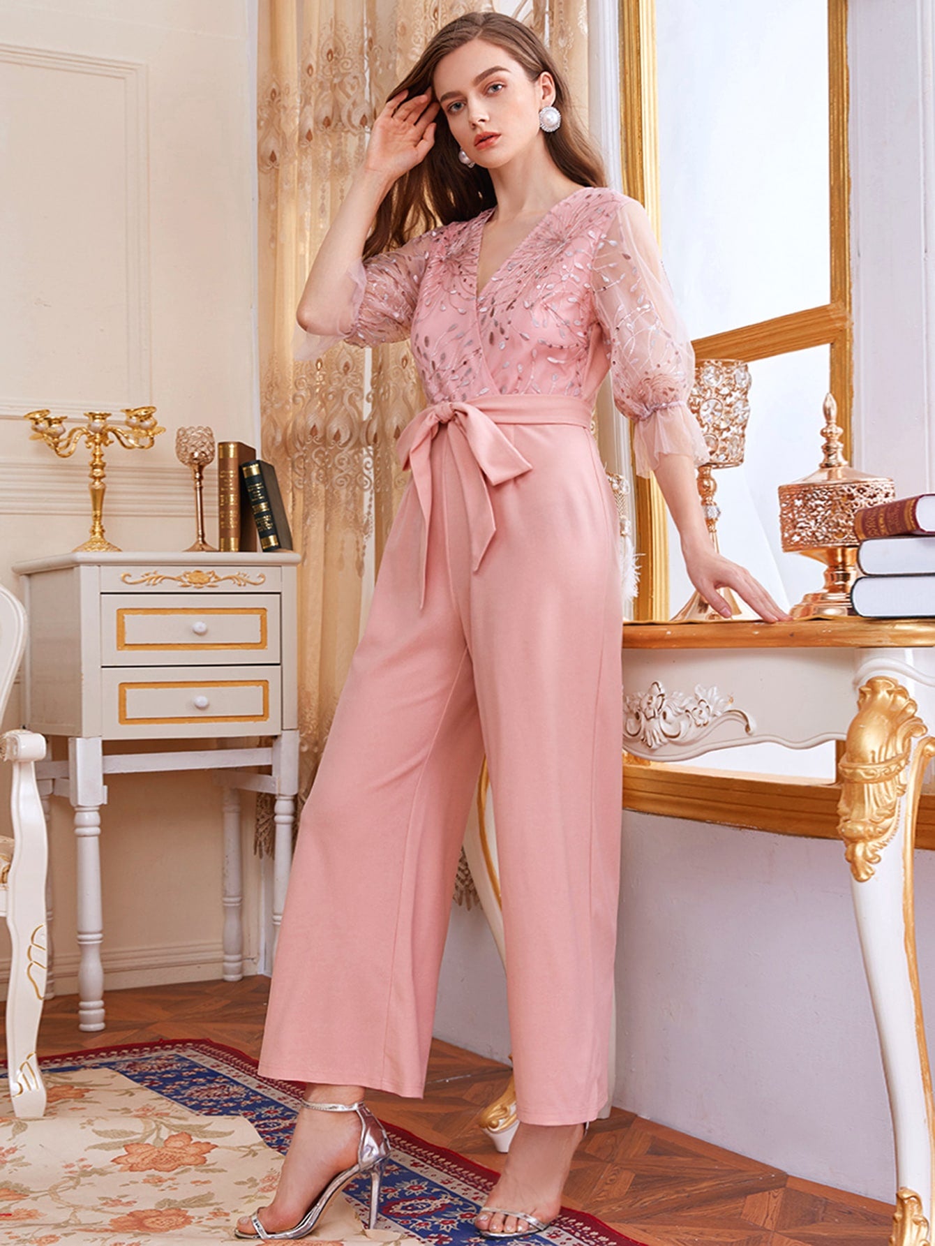 Surplice Neck Flounce Sleeve Embroidery Mesh Bodice Belted Jumpsuit