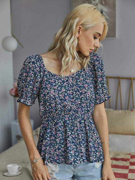 Ditsy Floral Ruffle Hem Peplum Blouse
