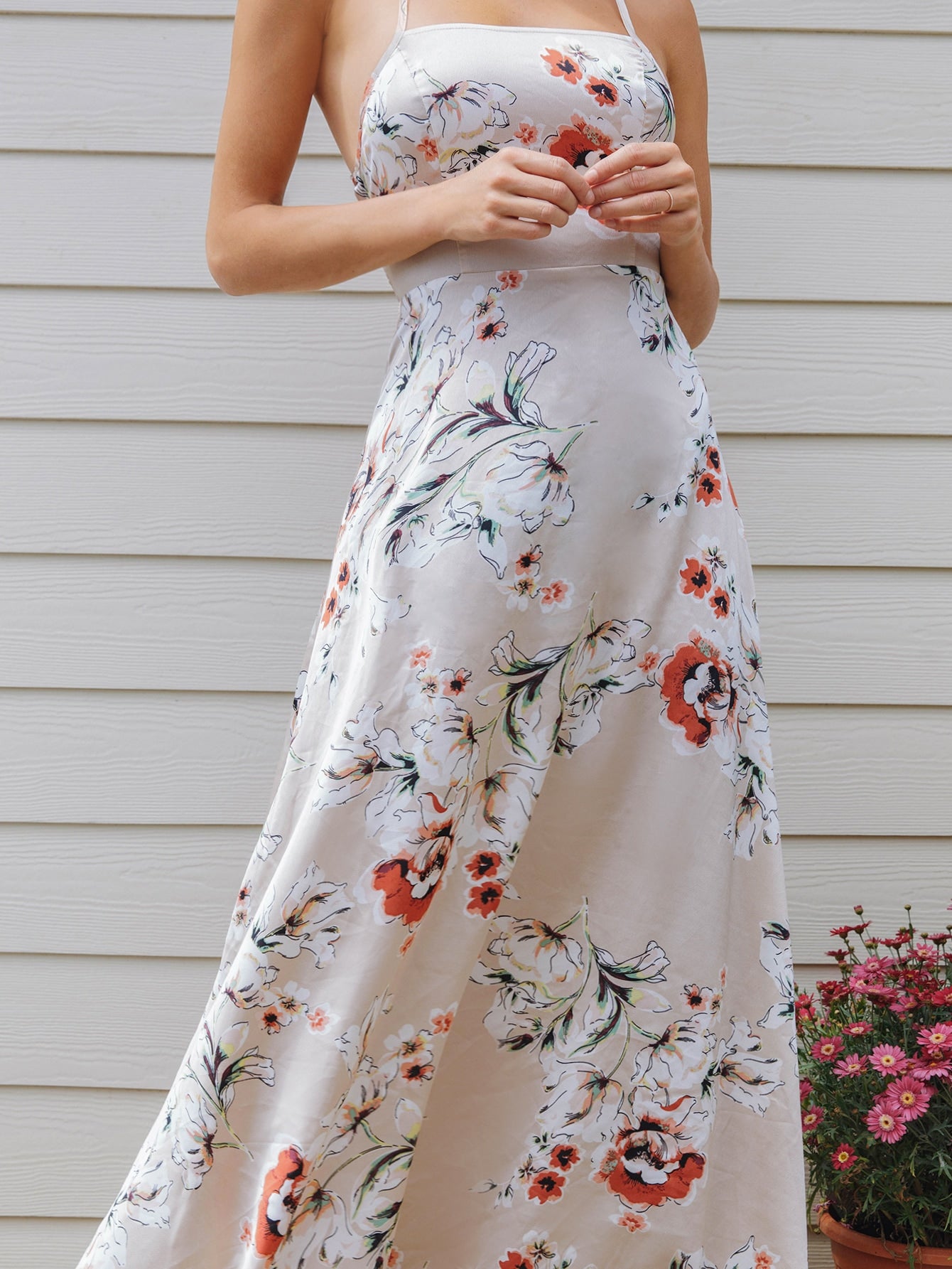 Lace Up Backless Floral Print Slip Dress