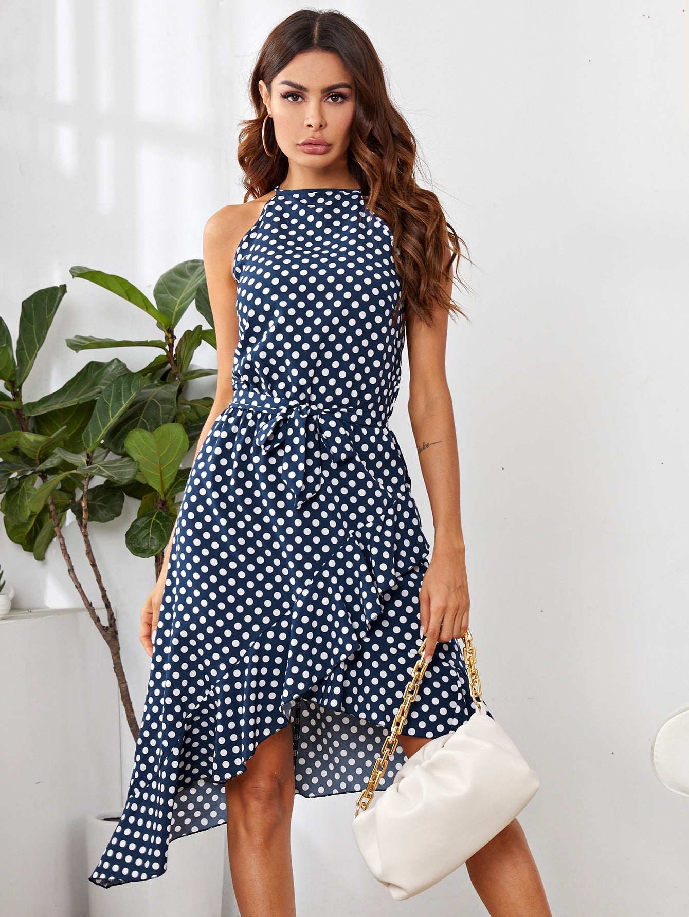 Polka-dot Print Asymmetrical Hem Belted Dress