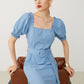 Frill Trim Puff Sleeve Buckle Belted Dress