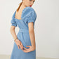 Frill Trim Puff Sleeve Buckle Belted Dress