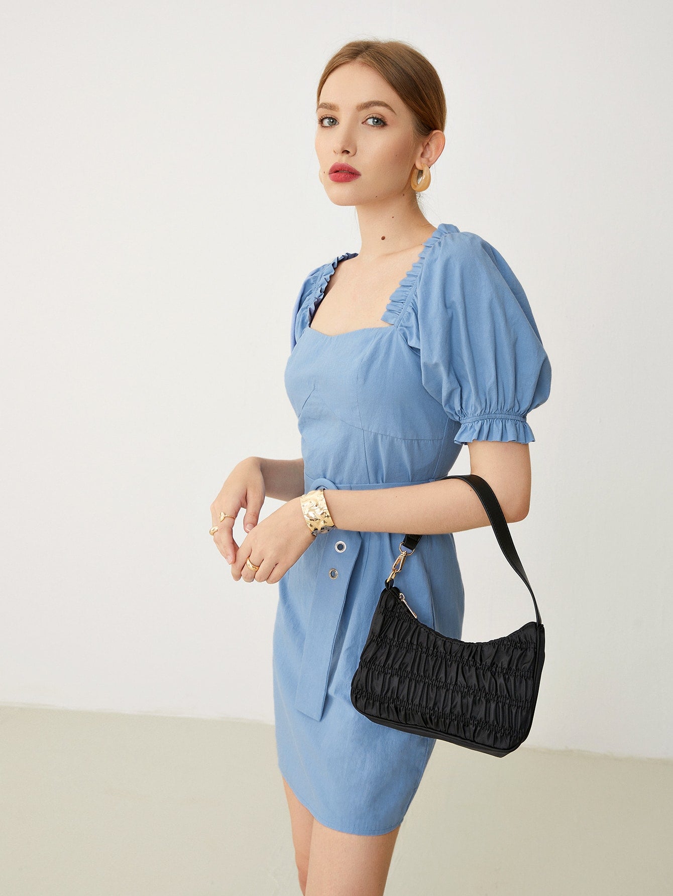 Frill Trim Puff Sleeve Buckle Belted Dress