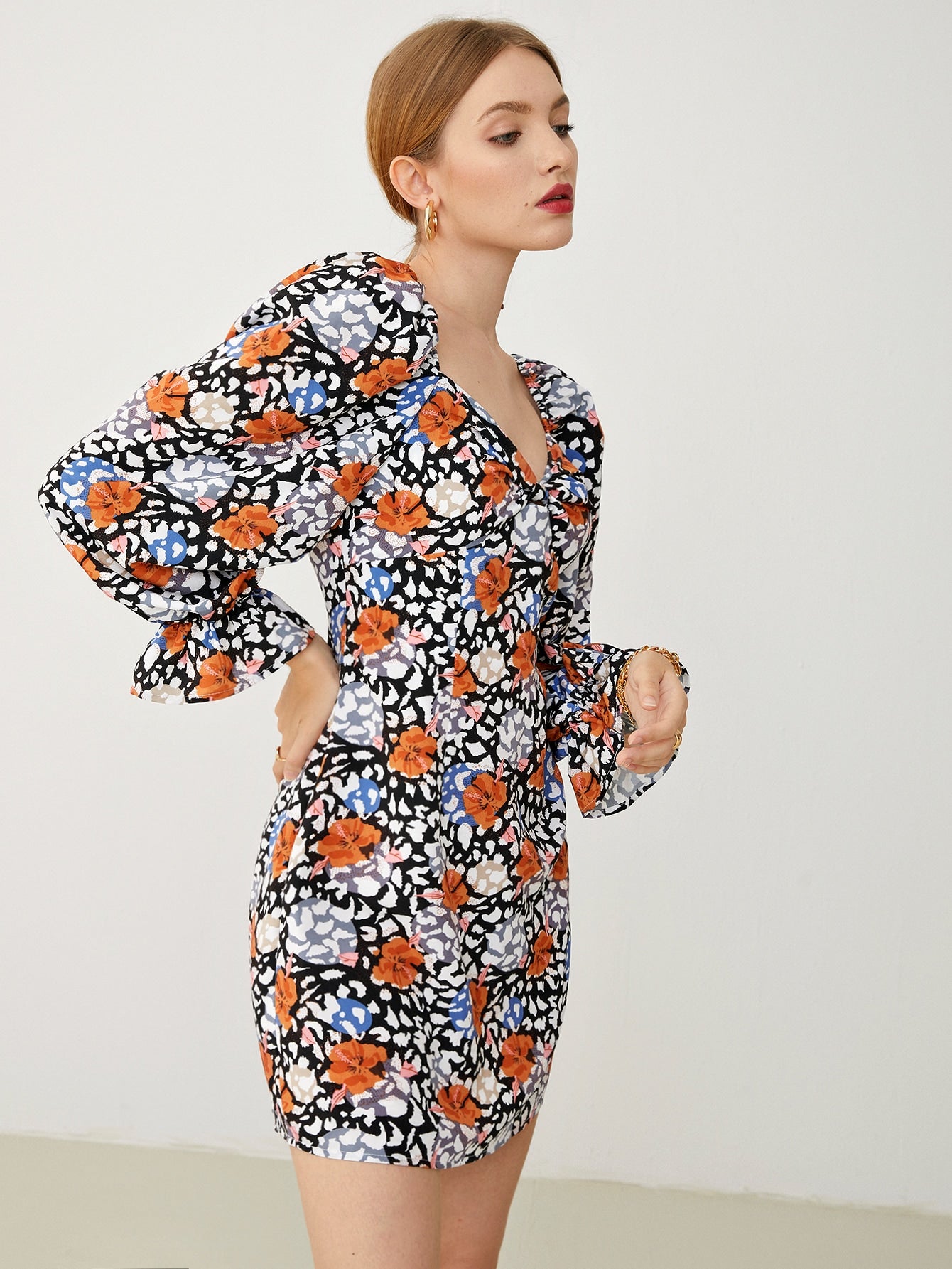 Flounce Sleeve Gathered Front Floral Dress