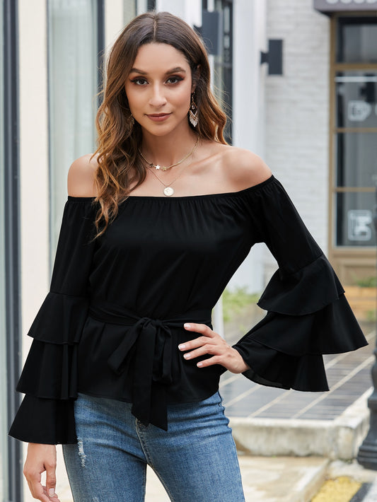 Solid Belted Layered Sleeve Bardot Blouse