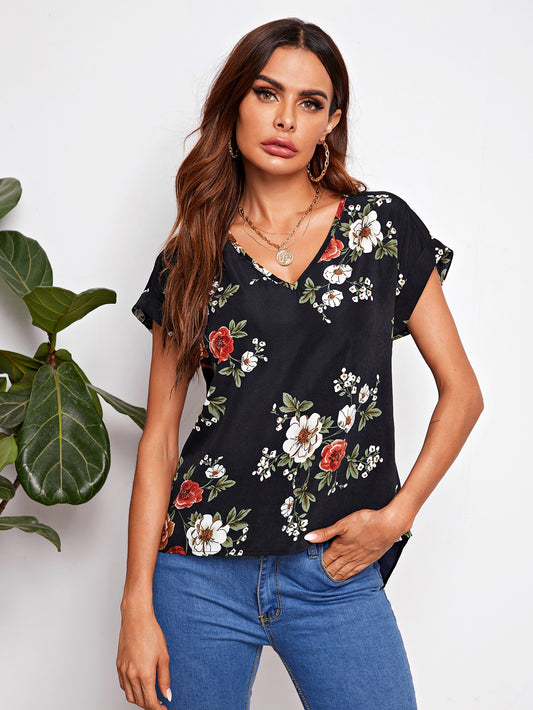Curved Hem Cuffed Floral Top