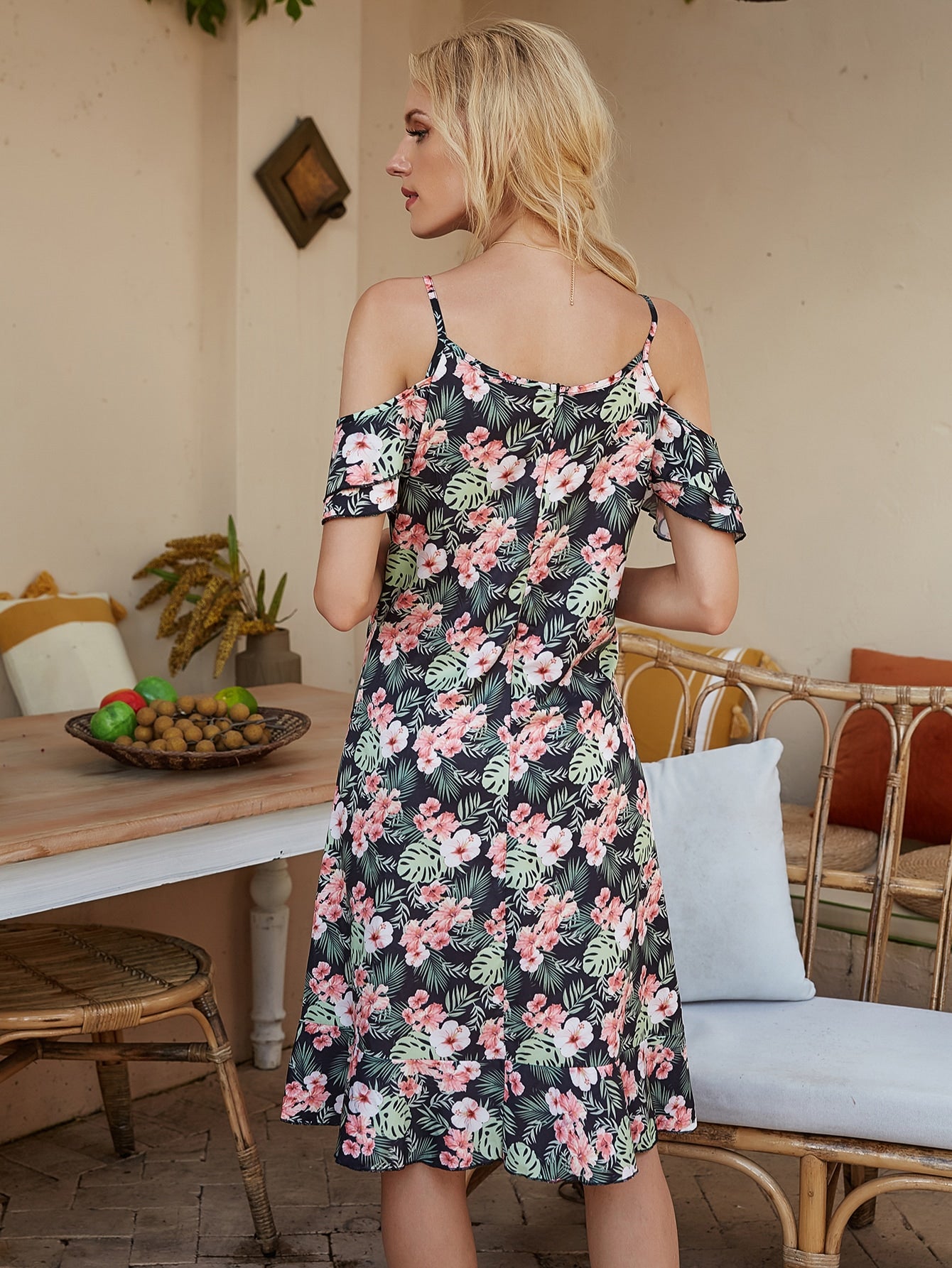 Floral & Tropical Print Cold Shoulder Dress