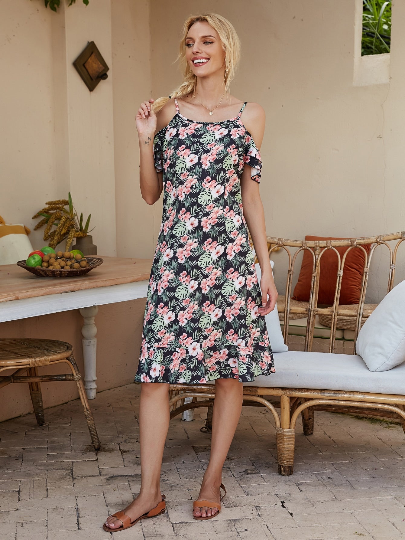 Floral & Tropical Print Cold Shoulder Dress