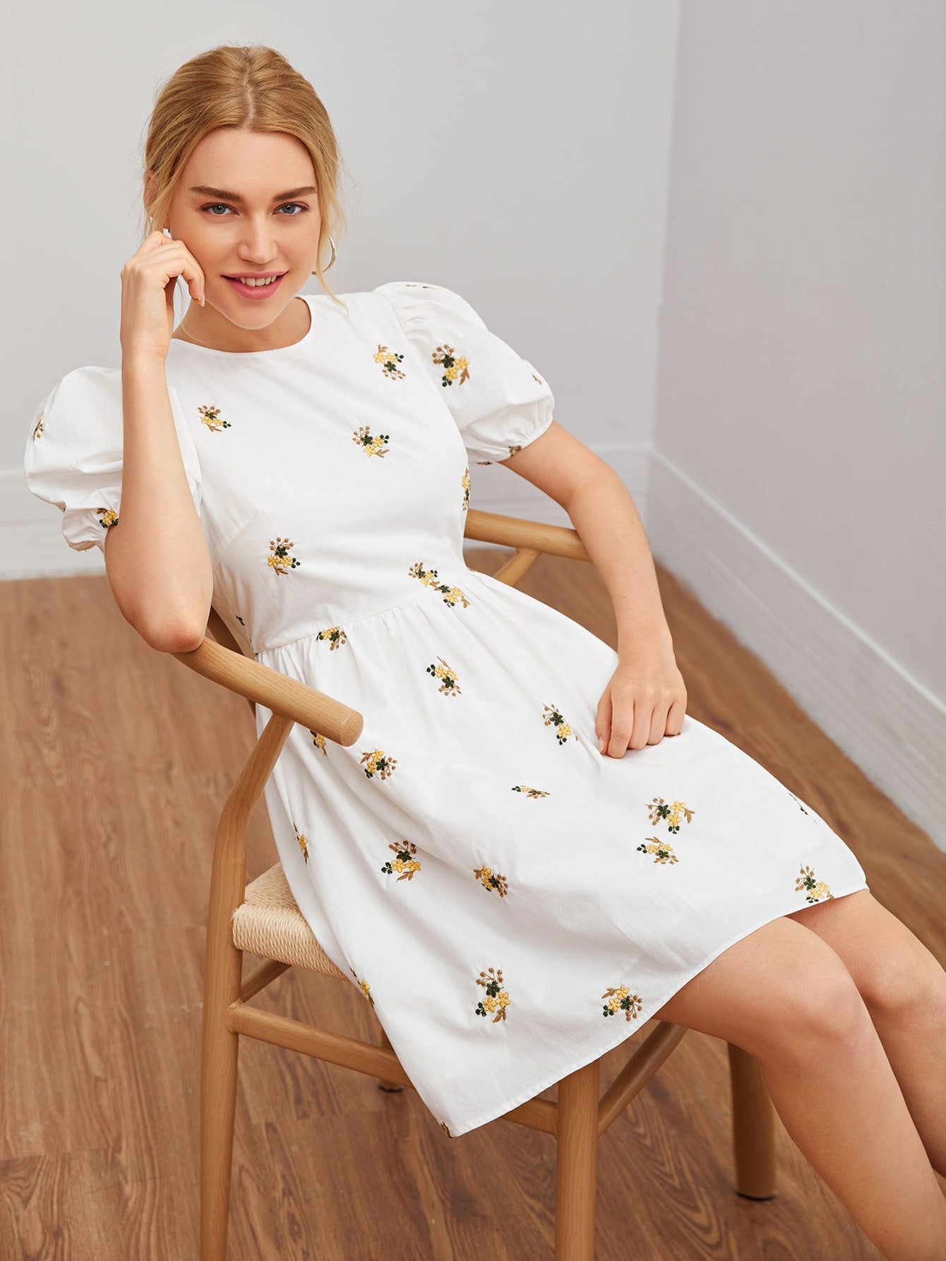 Puff Sleeve Embroidery Floral Dress