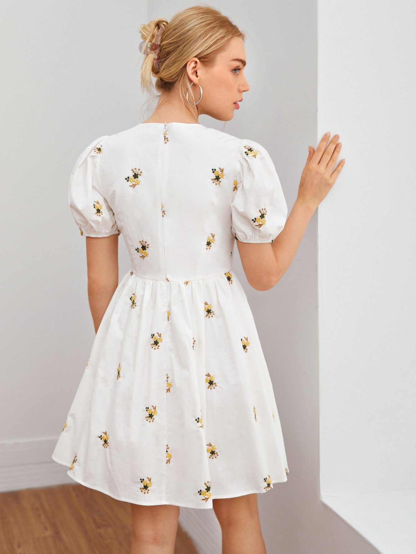 Puff Sleeve Embroidery Floral Dress