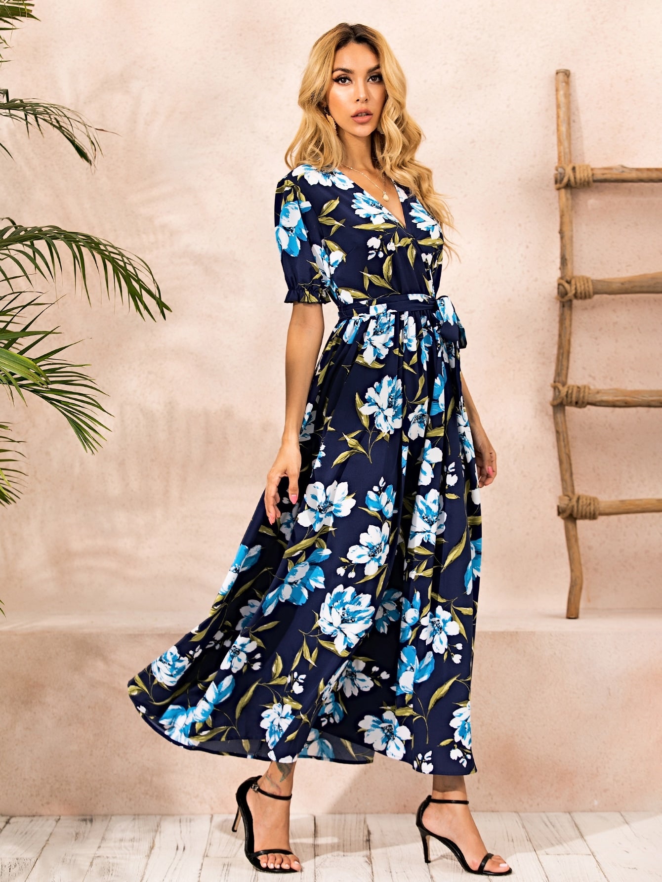 Floral Print Surplice Front Belted Dress