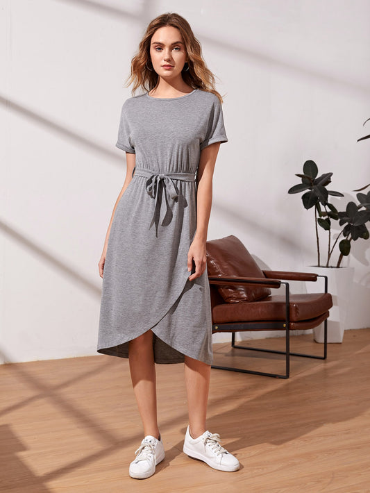 Roll Up Sleeve Self Tie Wrap Dress