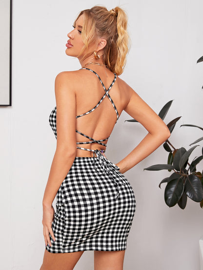 Lace Up Backless Gingham Bodycon Dress
