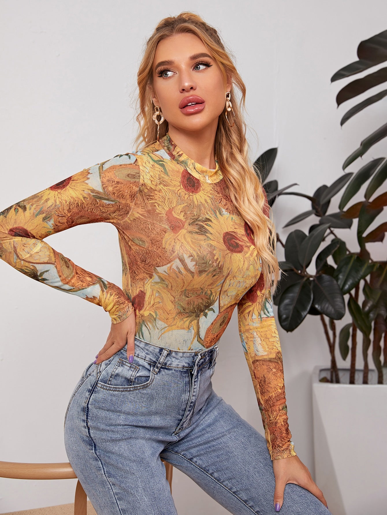 Mock-neck Sunflower Mesh Fitted Top