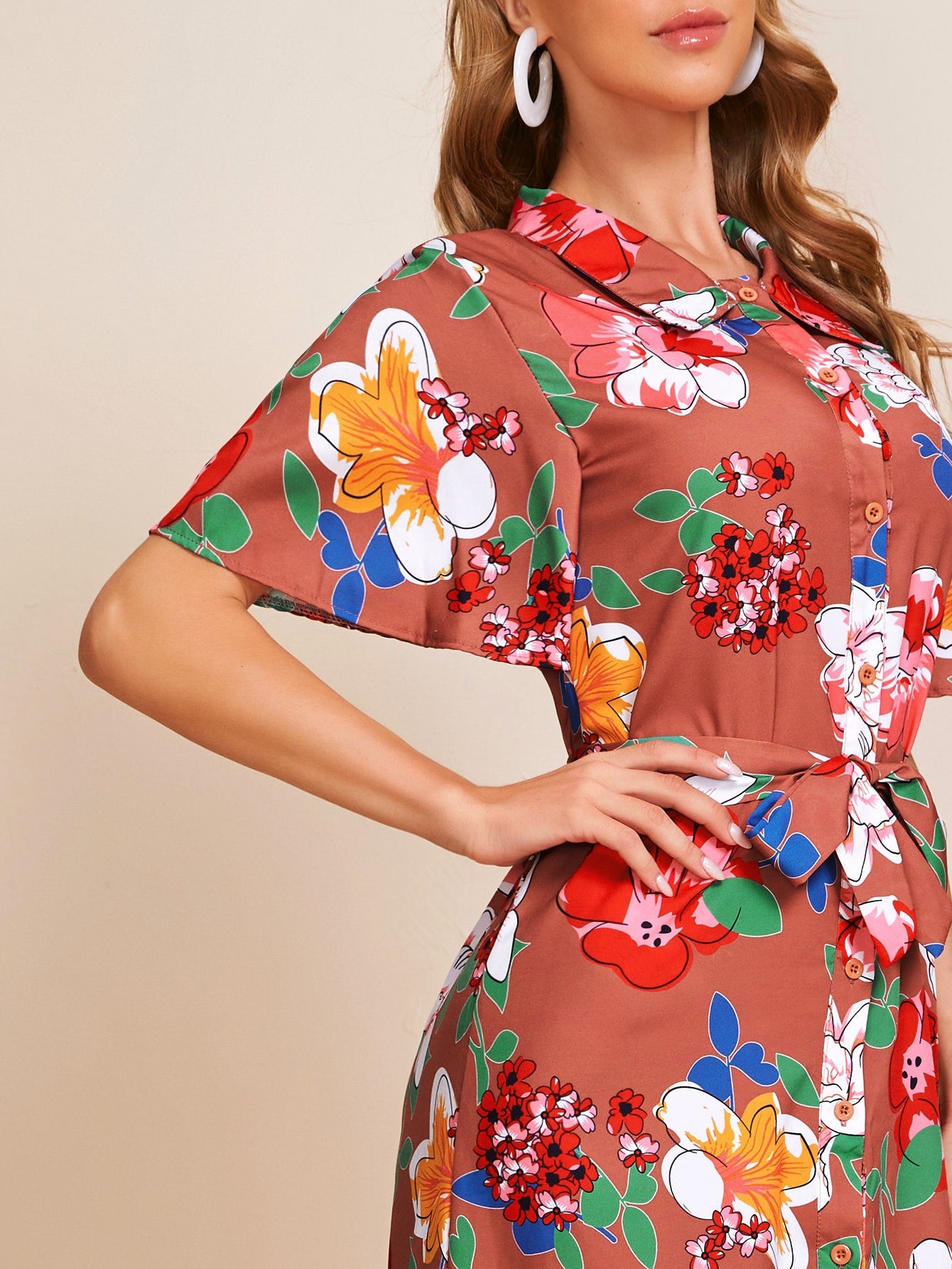 Large Floral Self Tie Button Up Shirt Dress