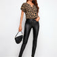 Notched Neck Batwing Sleeve Leopard Top