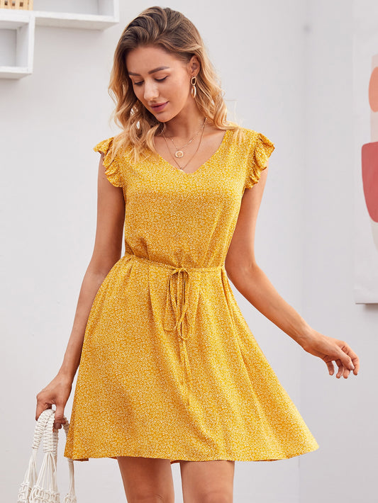 Allover Print Ruffle Armhole Self Belted Dress