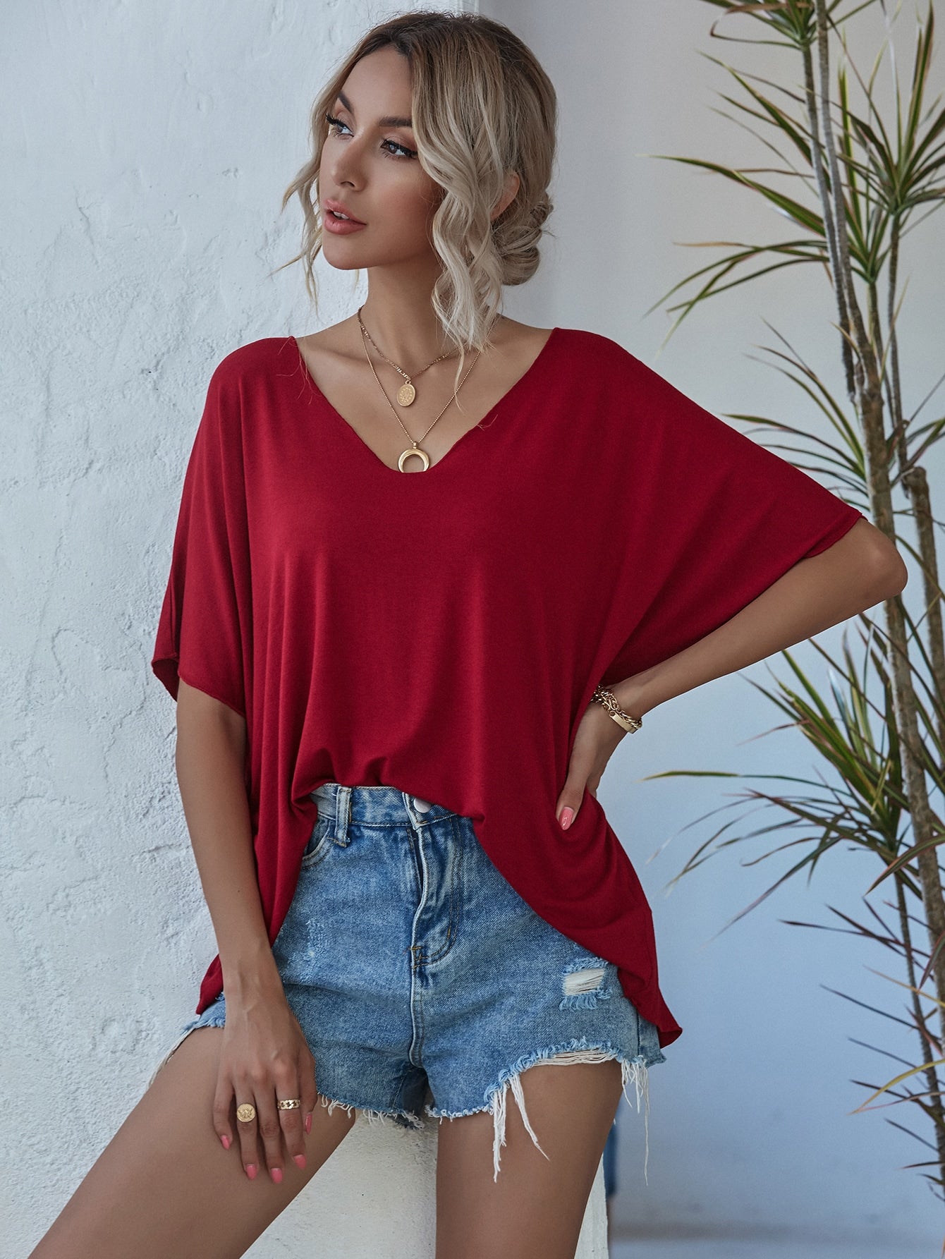 V-neck Batwing Sleeve Slouchy Tee