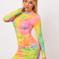 Tie Dye Mock Neck Ruched Front Bodycon Dress