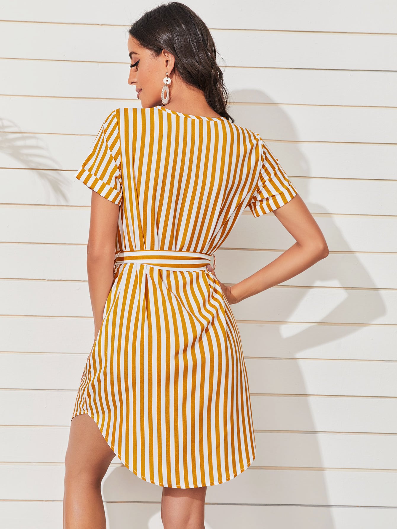 Vertical Striped Self Tie Fitted Dress
