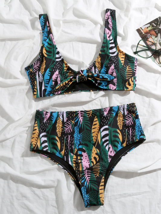Tropical & Plant Print Knot Front Bikini Swimsuit