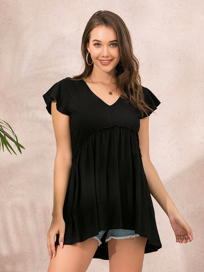 Solid Ruffle Trim Babydoll Tee