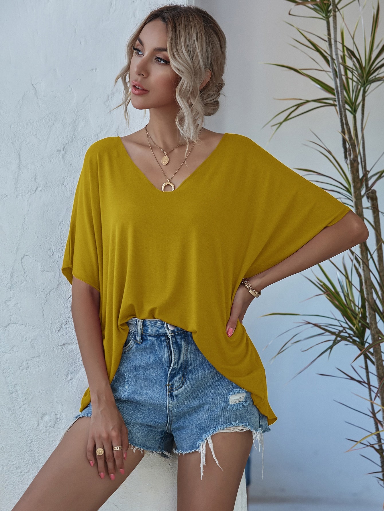 V-neck Batwing Sleeve Slouchy Tee