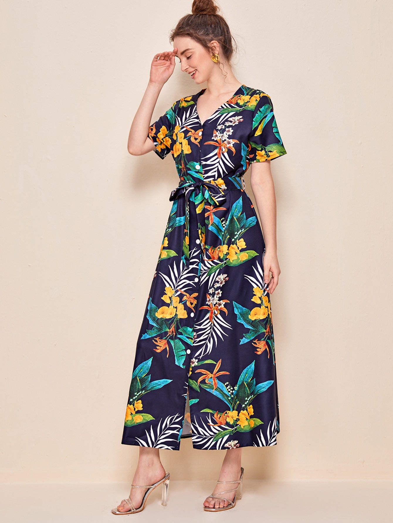 Floral And Tropical Print Belted Dress