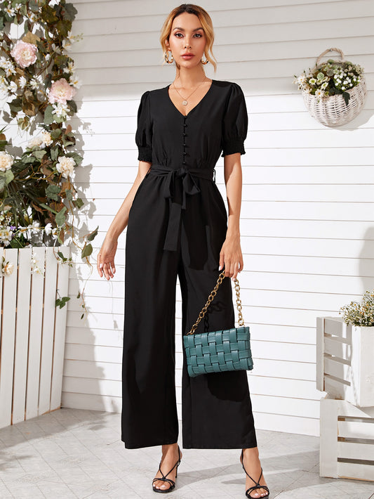 Button Front Puff Sleeve Belted Jumpsuit