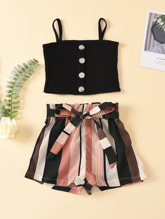 Toddler Girls Button Front Cami Top With Striped Shorts