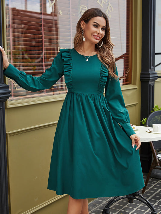 Solid Ruffle Trim Midi A-line Dress