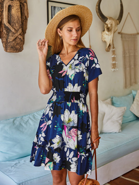 Floral Print Shirred Waist Dress