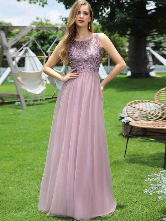 Sequin Bodice Mesh Prom Dress