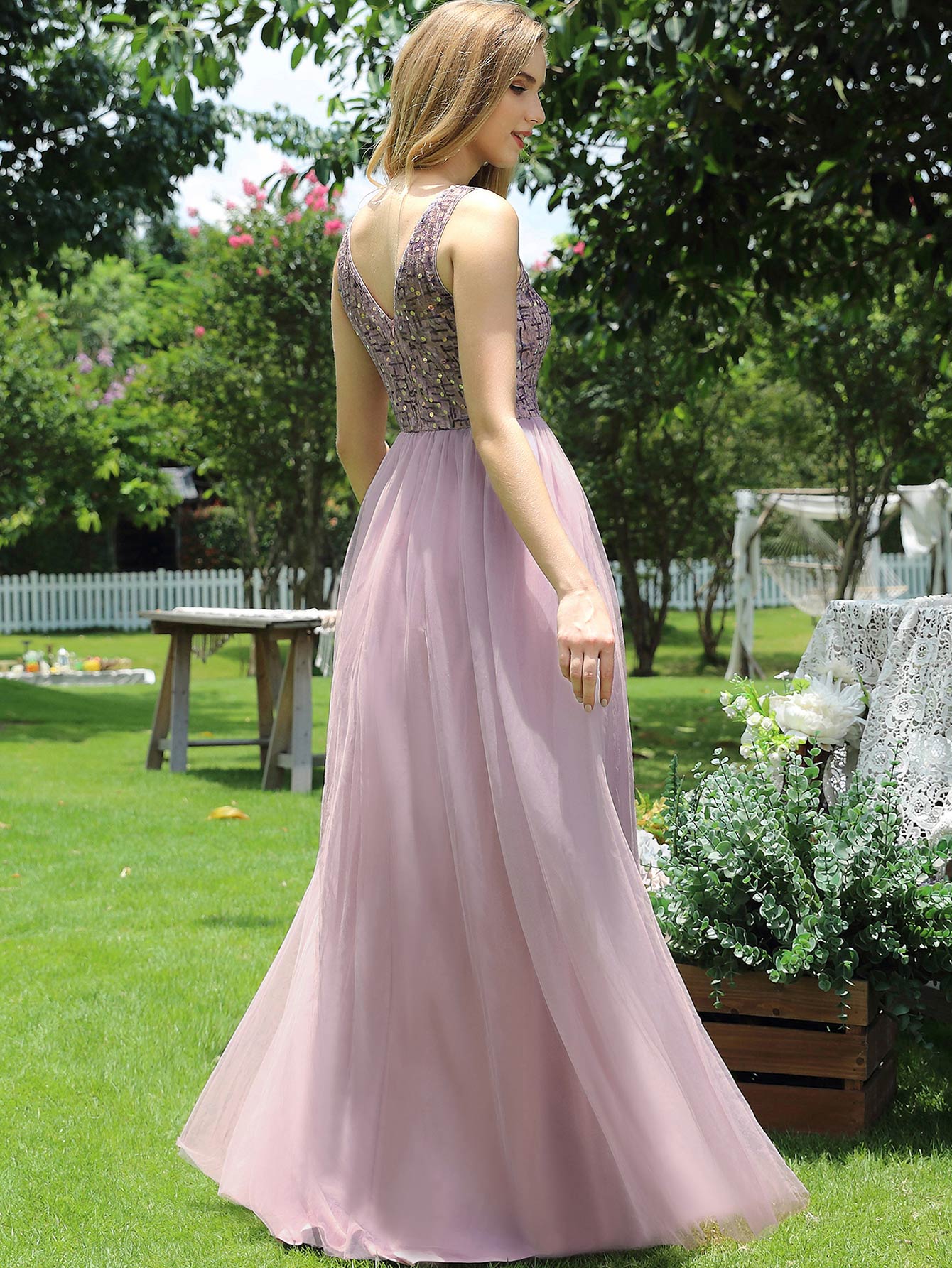 Sequin Bodice Mesh Prom Dress