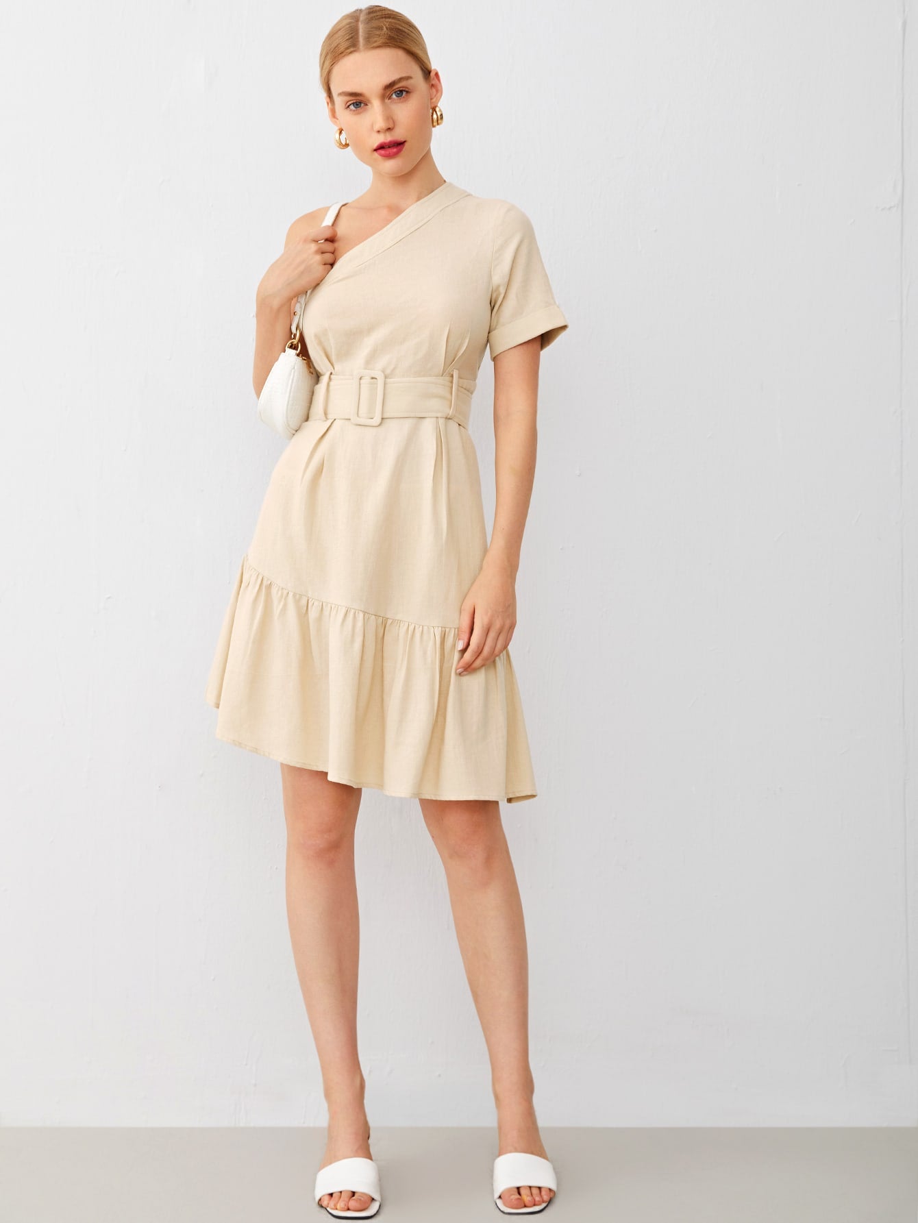 One Shoulder Flounce Hem Buckle Belted Dress