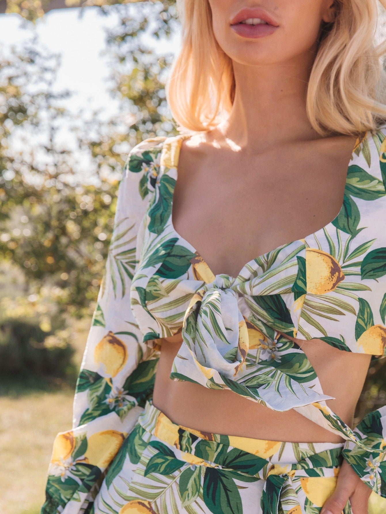 Lemon and Tropical Print Tie Front Top and Skirt Set