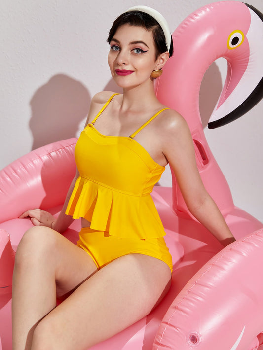 Ruffle Hem High Waisted Bikini Swimsuit