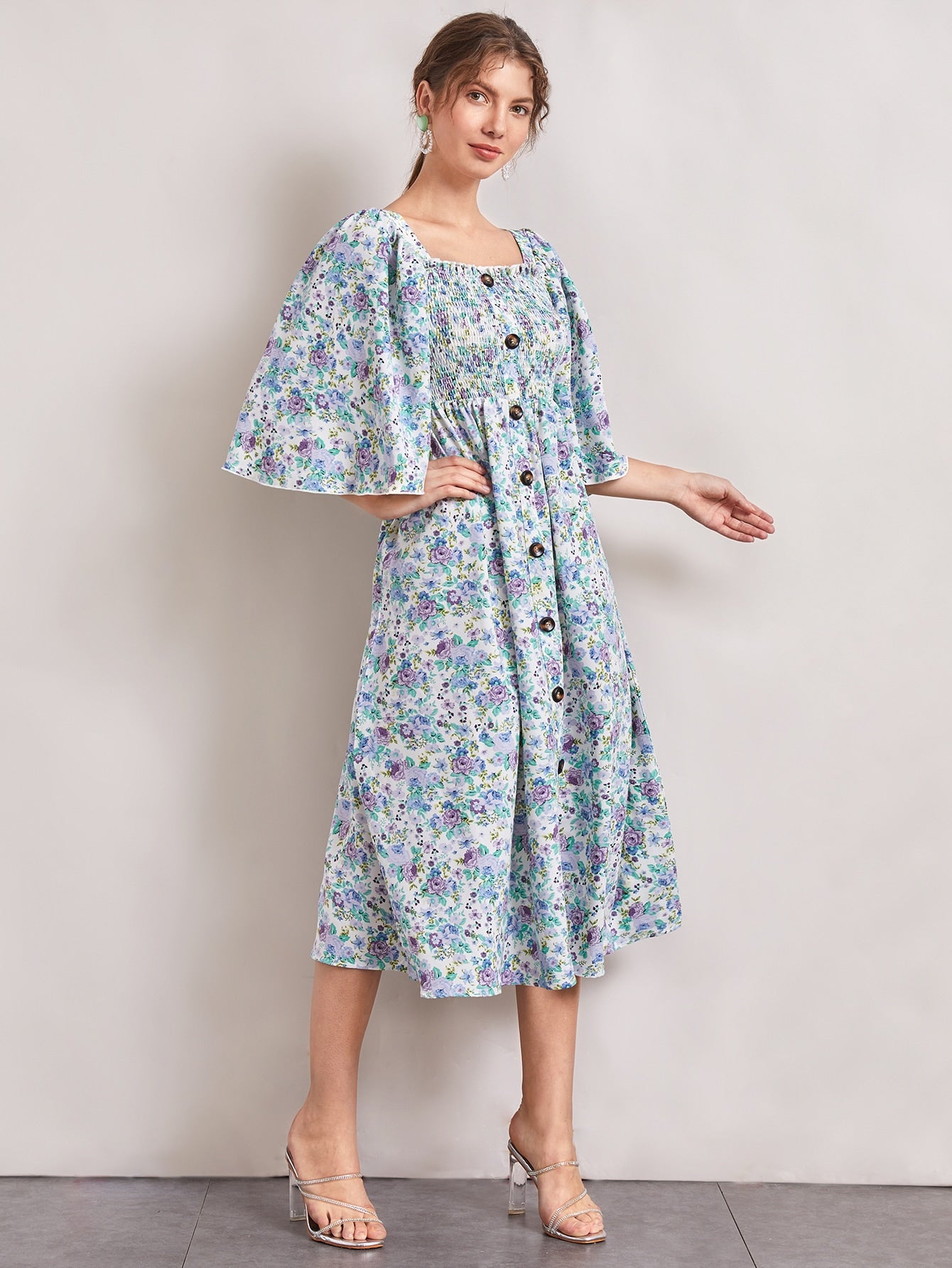 Bell Sleeve Buttoned Front Shirred Bodice Floral Dress