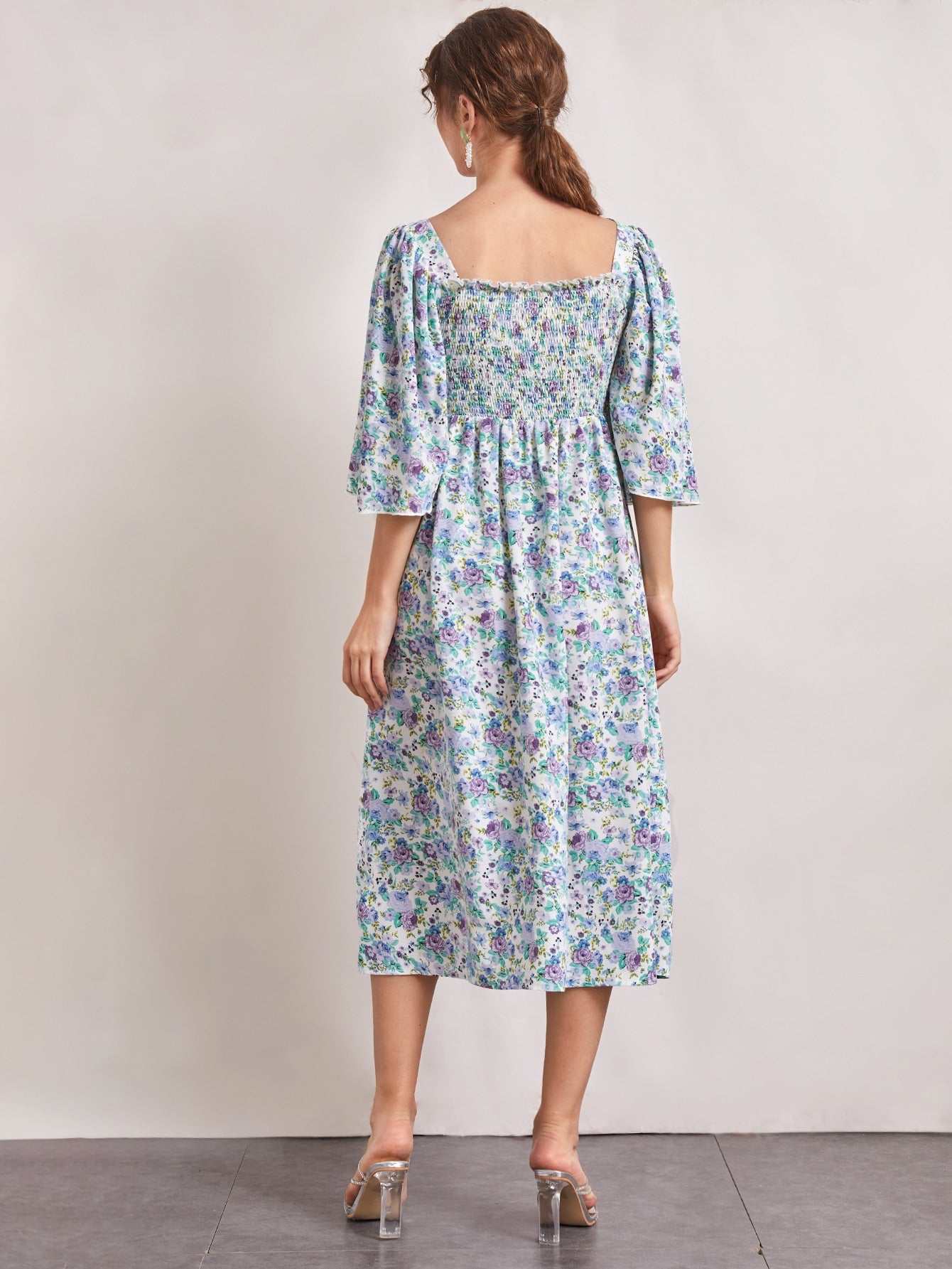 Bell Sleeve Buttoned Front Shirred Bodice Floral Dress