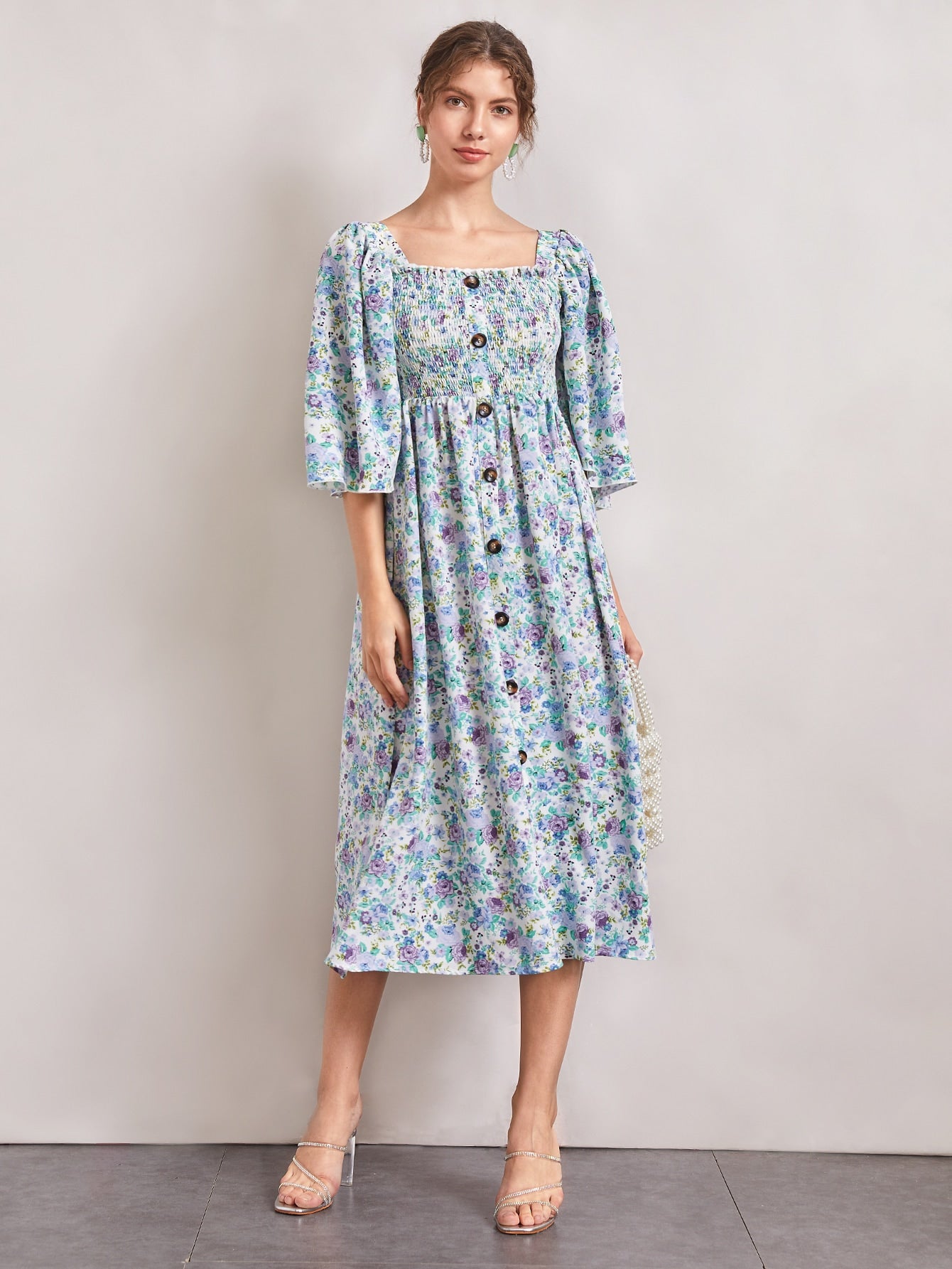 Bell Sleeve Buttoned Front Shirred Bodice Floral Dress