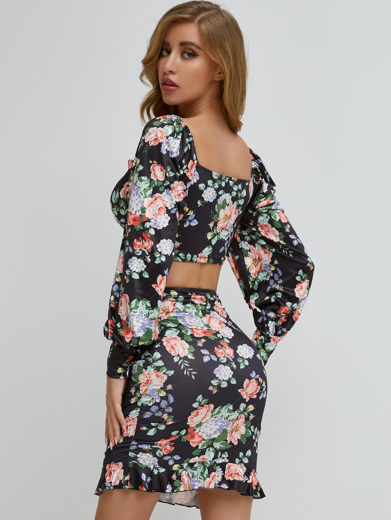 Lantern Sleeve Floral Bustier Crop Top & Bodycon Skirt Set