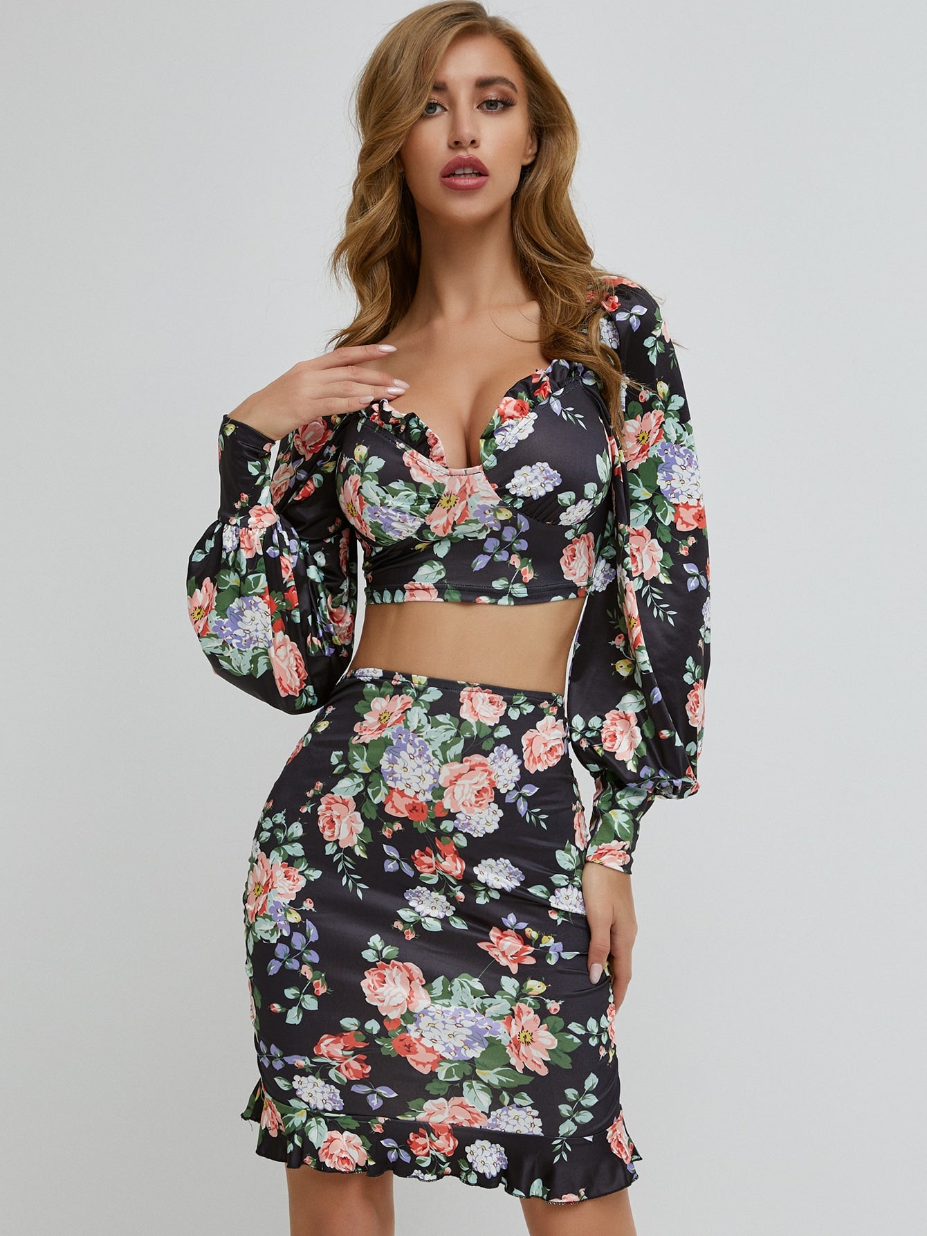 Lantern Sleeve Floral Bustier Crop Top & Bodycon Skirt Set