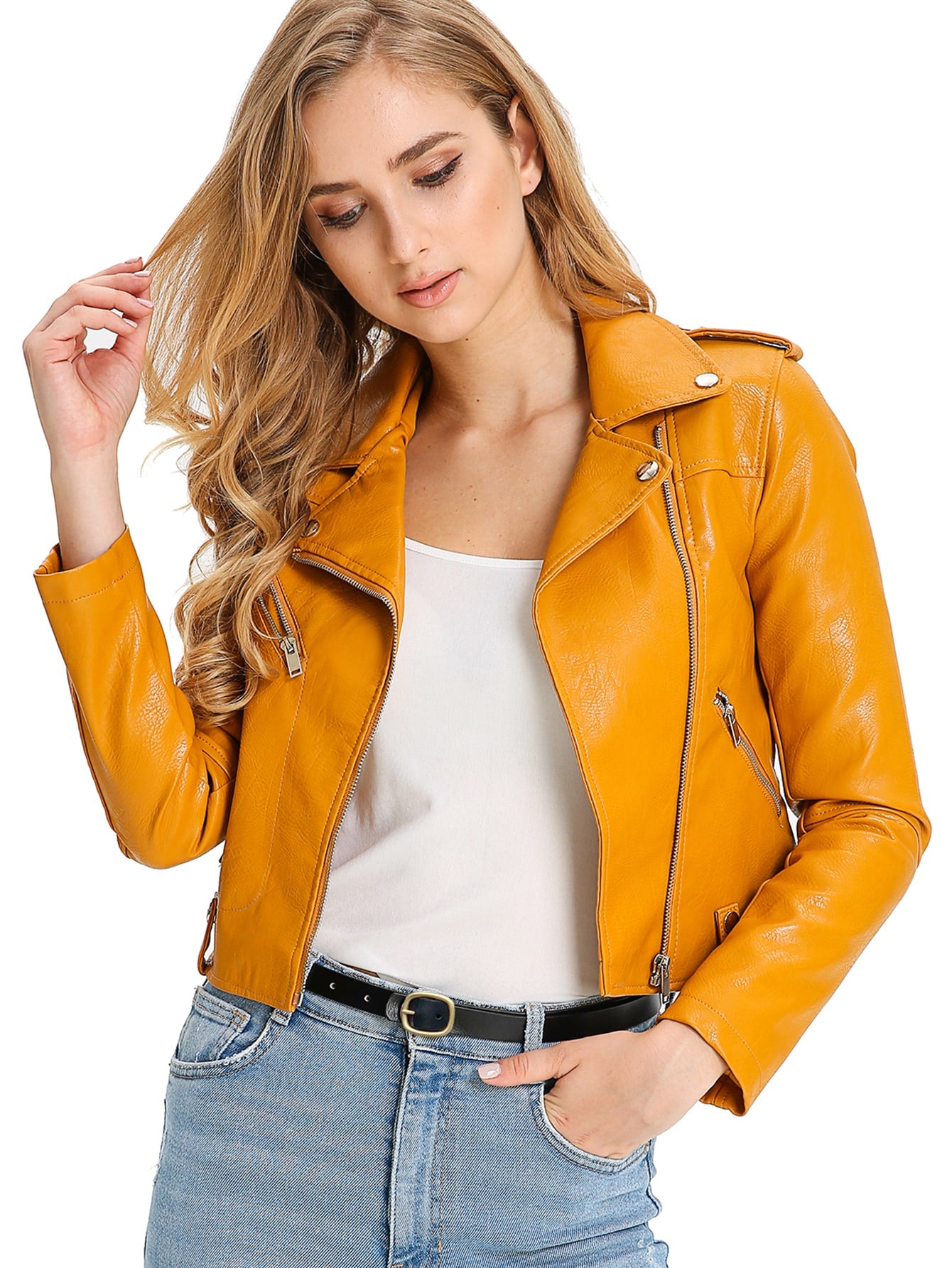 Zip Detail Lapel Neck PU Moto Jacket